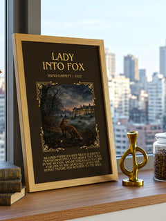 Lady into Fox Minimalist Book Poster by David Garnett – framed print on a city-view windowsill
