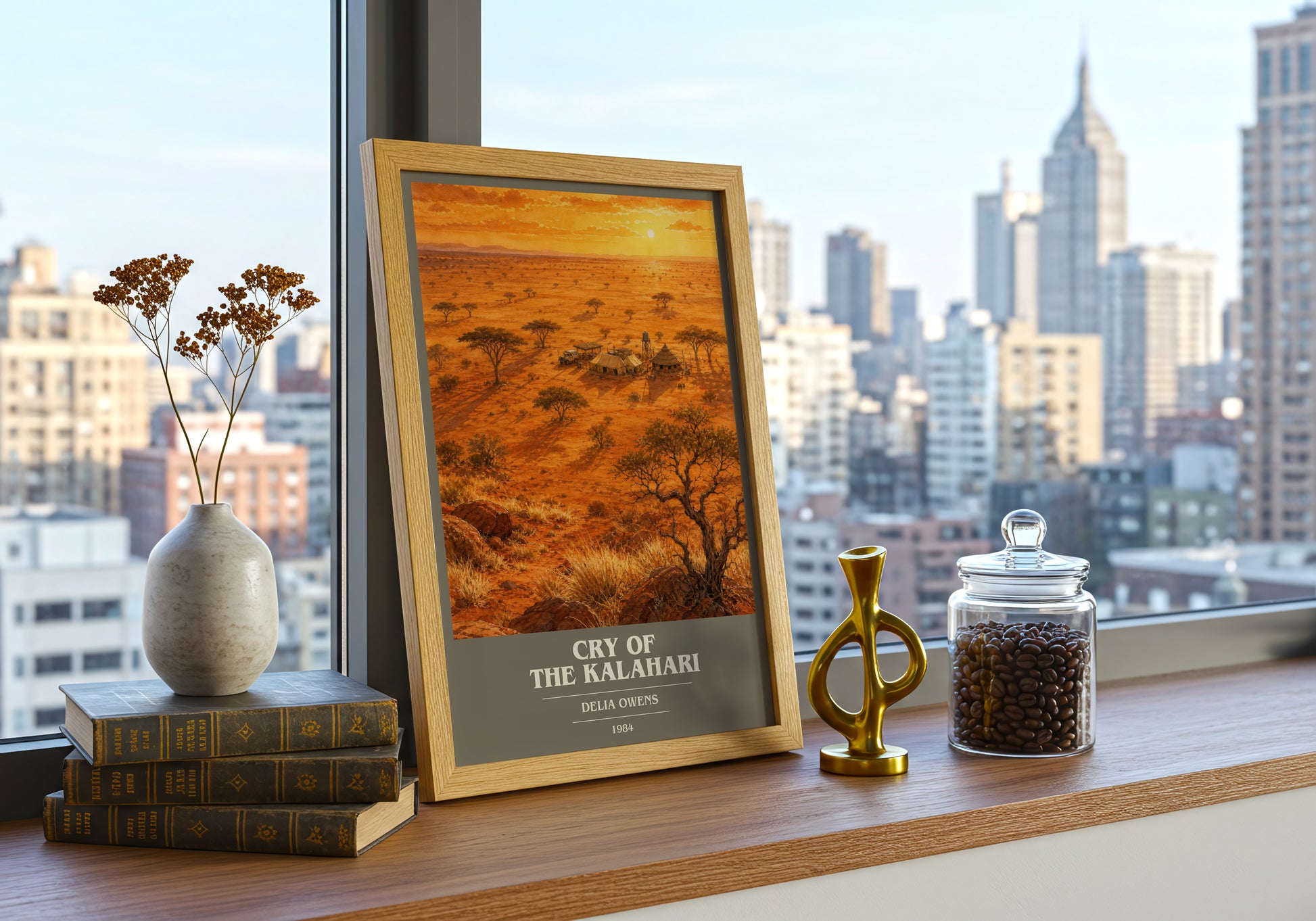 Cry Of The Kalahari book cover print framed by window – literary home decor