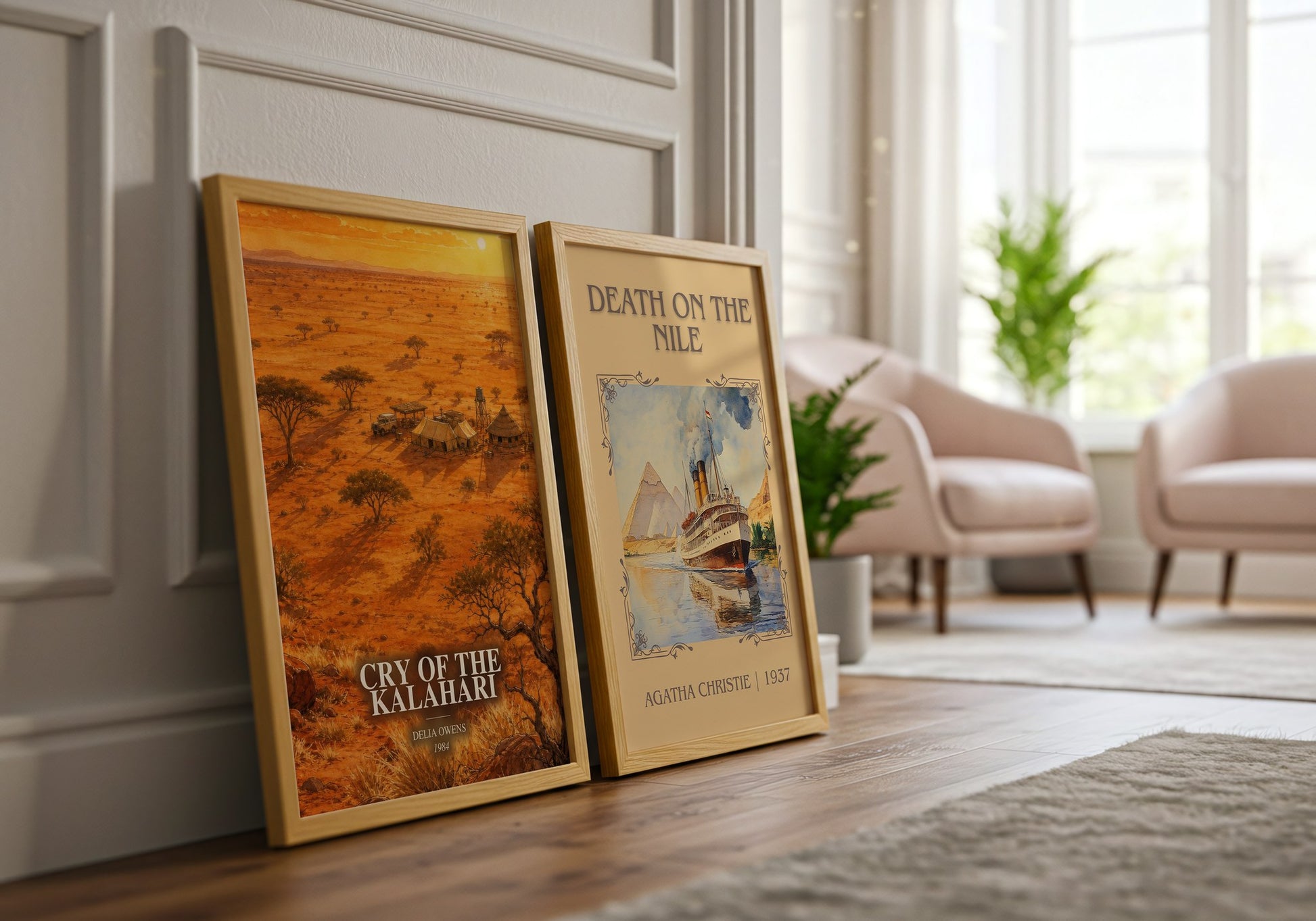 Cry Of The Kalahari watercolour print framed by window – literary home decor