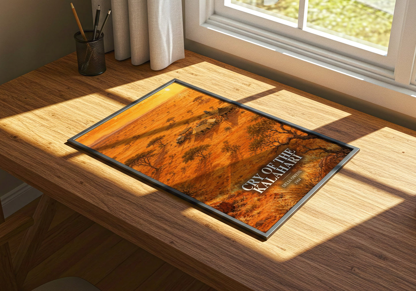 Cry Of The Kalahari watercolour book poster framed on wall – non fiction wall art