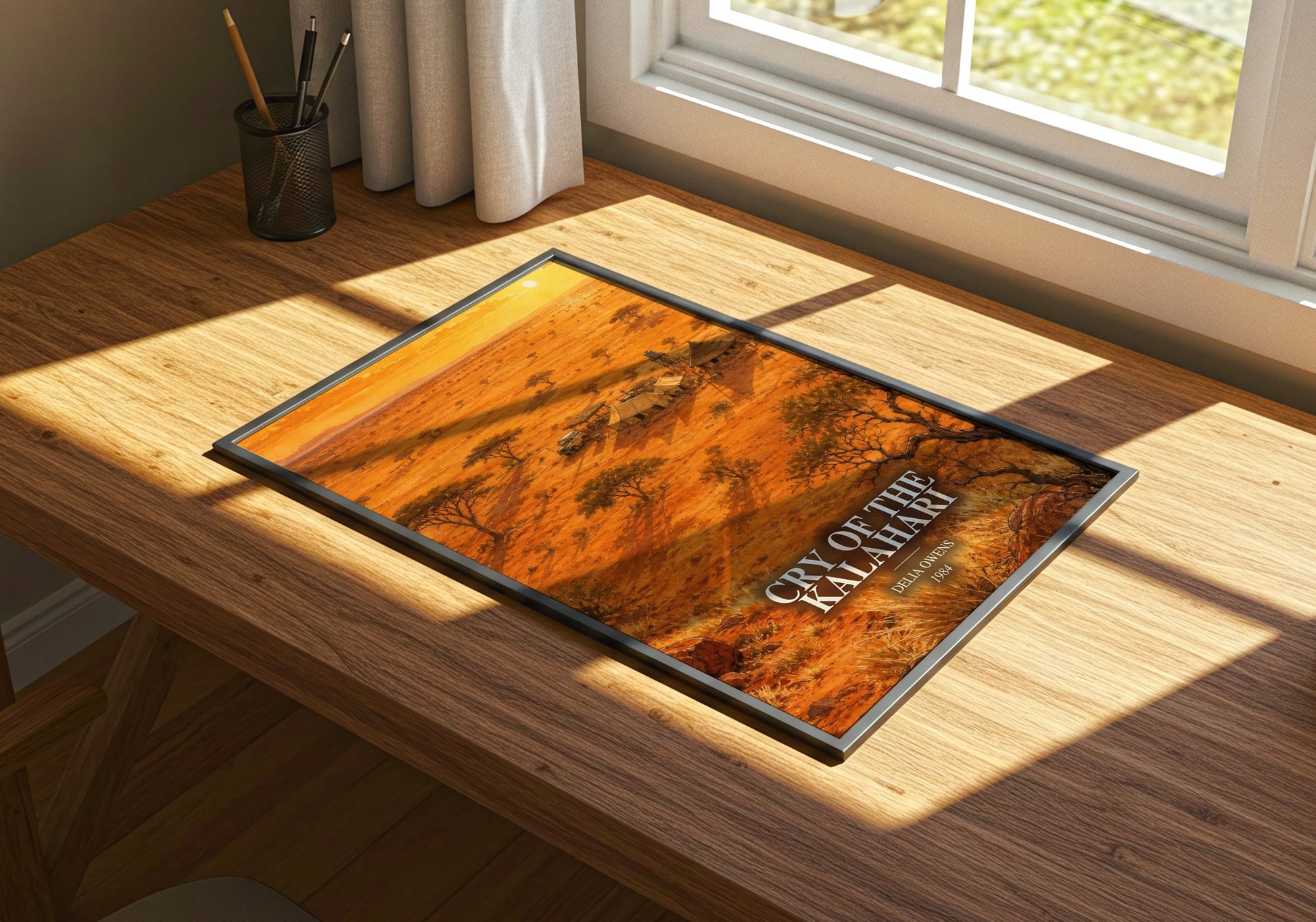 Cry Of The Kalahari watercolour book poster framed on wall – non fiction wall art