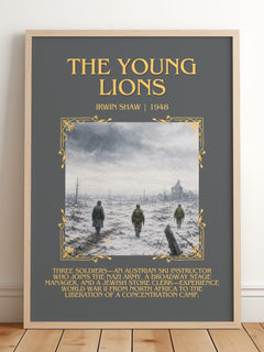 The Young Lions Minimalist Book Poster by Irwin Shaw – framed print leaning on a wooden floor