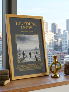 The Young Lions Minimalist Book Poster by Irwin Shaw – framed print on a city-view windowsill