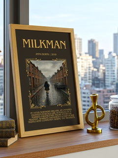 Milkman Minimalist Book Poster by Anna Burns – framed print on a city-view windowsill
