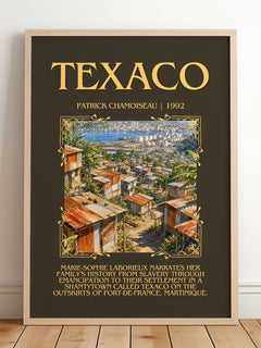 Texaco Minimalist Book Poster by Patrick Chamoiseau – framed print leaning on a wooden floor