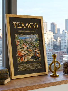 Texaco Minimalist Book Poster by Patrick Chamoiseau – framed print on a city-view windowsill