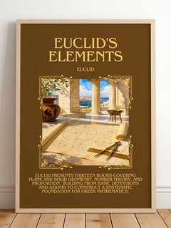 Euclid's Elements Minimalist Book Poster by Euclid – framed print leaning on a wooden floor