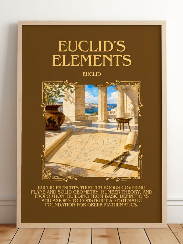 Euclid's Elements Minimalist Book Poster by Euclid – framed print leaning on a wooden floor