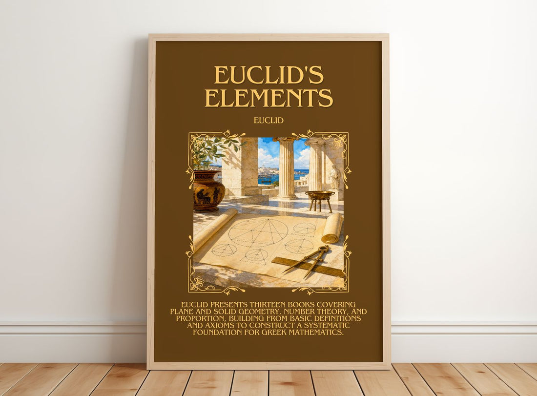 Euclid's Elements Minimalist Book Poster by Euclid – framed print leaning on a wooden floor