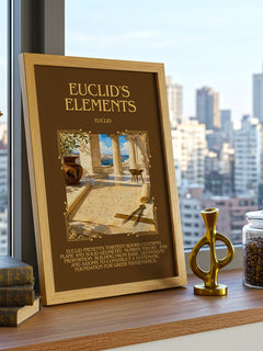 Euclid's Elements Minimalist Book Poster by Euclid – framed print on a city-view windowsill