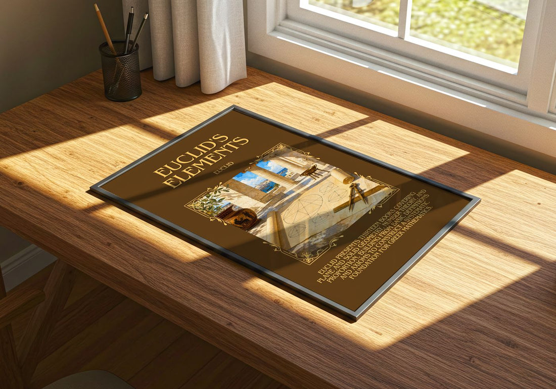 Euclid's Elements Minimalist Book Poster by Euclid – print on a sunlit desk