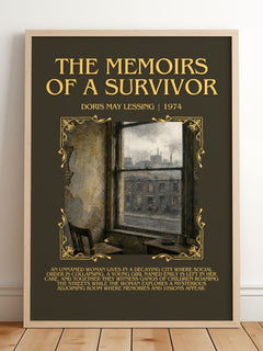 The Memoirs of a Survivor Minimalist Book Poster by Doris May Lessing – framed print leaning on a wooden floor