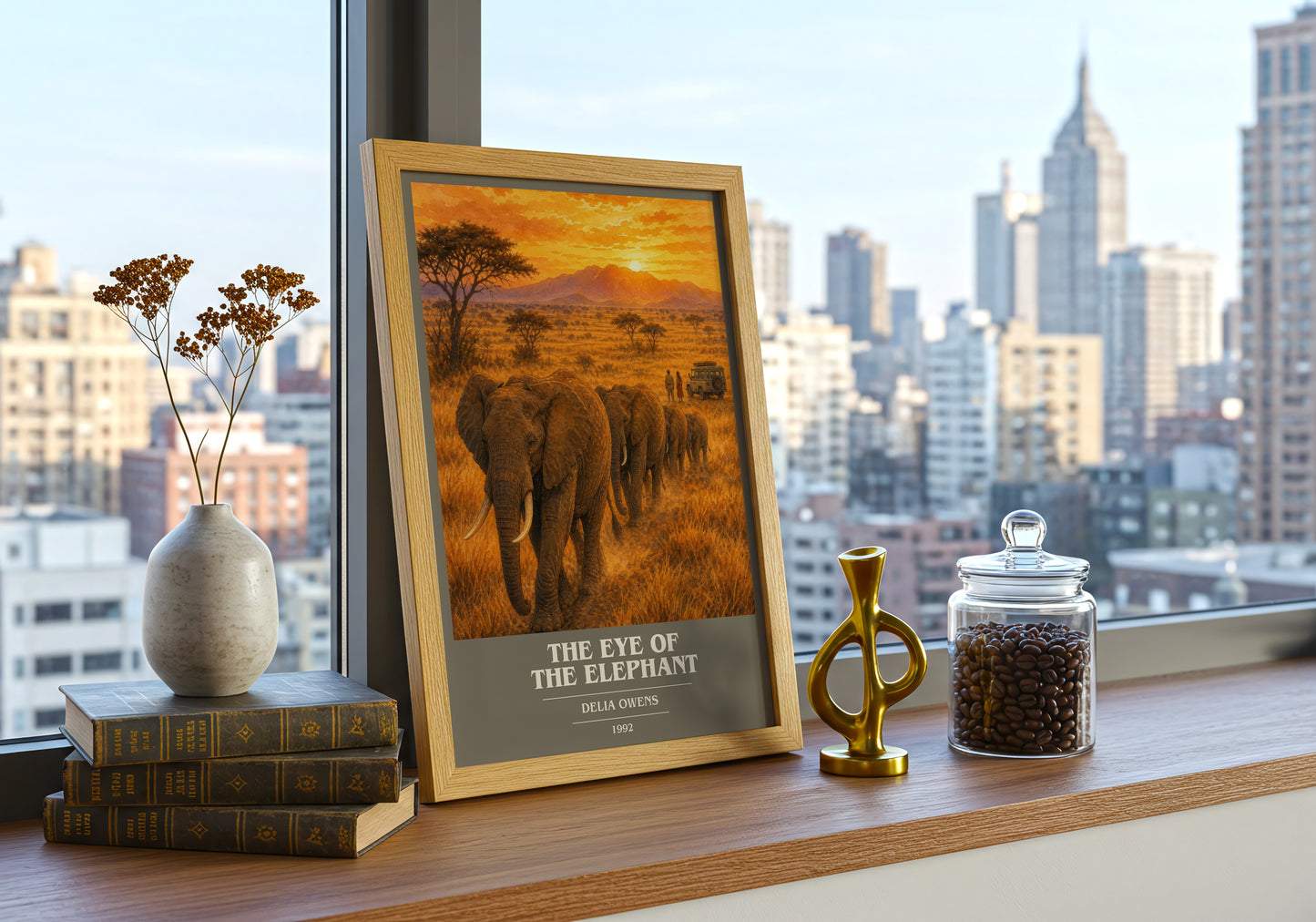 The Eye Of The Elephant book cover print framed by window – literary home decor