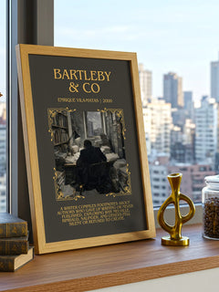 Bartleby & Co Minimalist Book Poster by Enrique Vila-Matas – framed print on a city-view windowsill