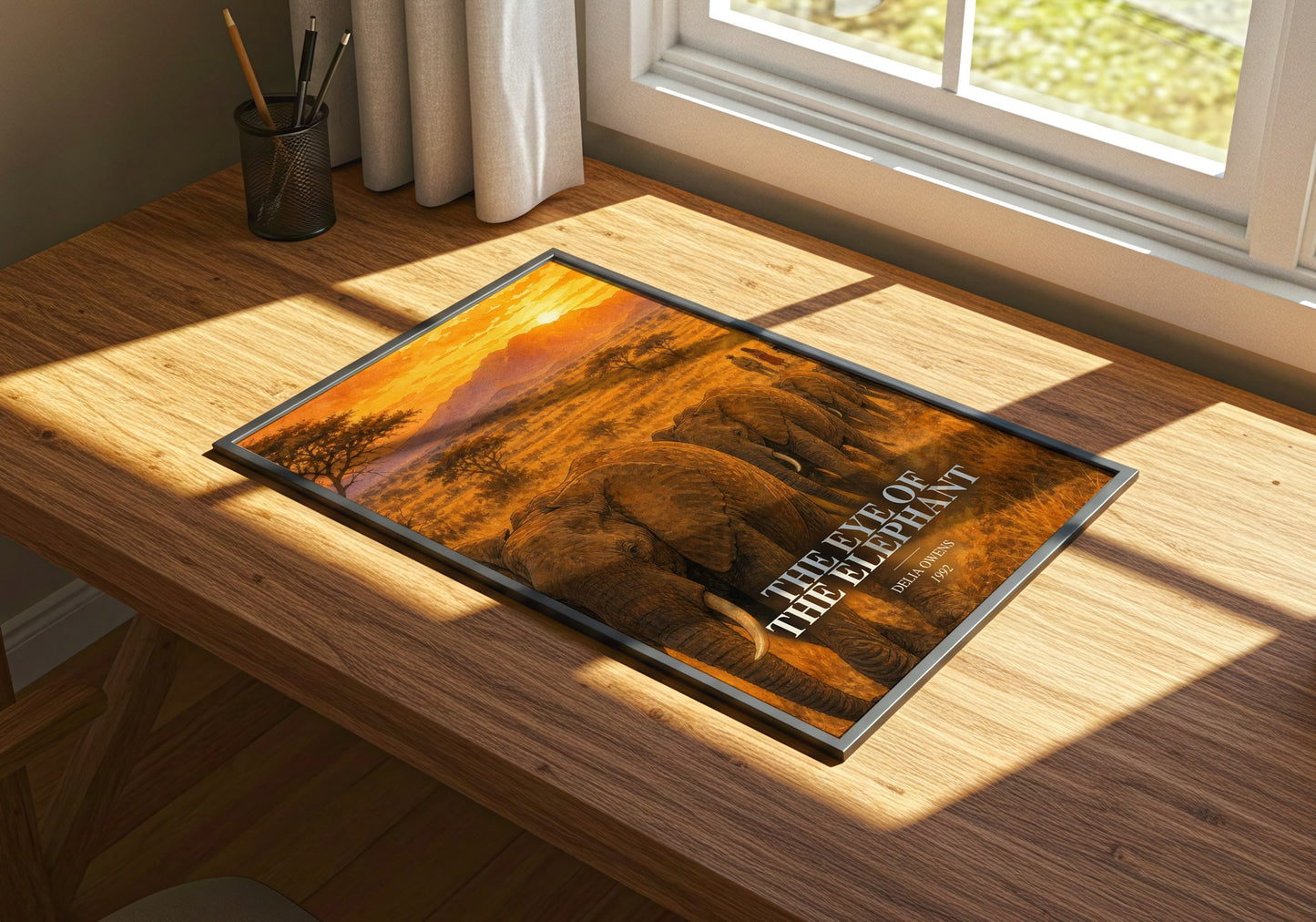 The Eye Of The Elephant watercolour book poster framed on wall – non fiction wall art