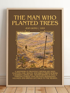 The Man Who Planted Trees Minimalist Book Poster by Jean Giono – framed print leaning on a wooden floor