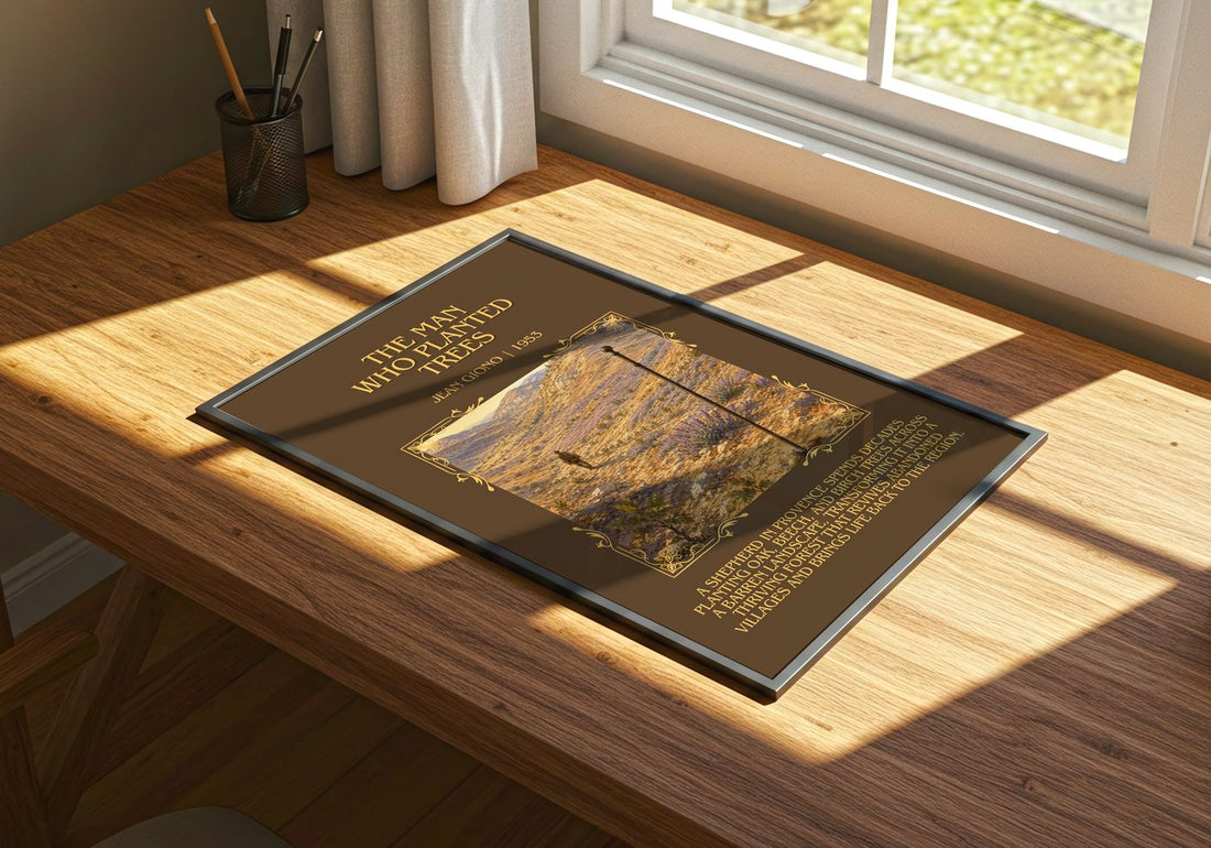 The Man Who Planted Trees Minimalist Book Poster by Jean Giono – print on a sunlit desk