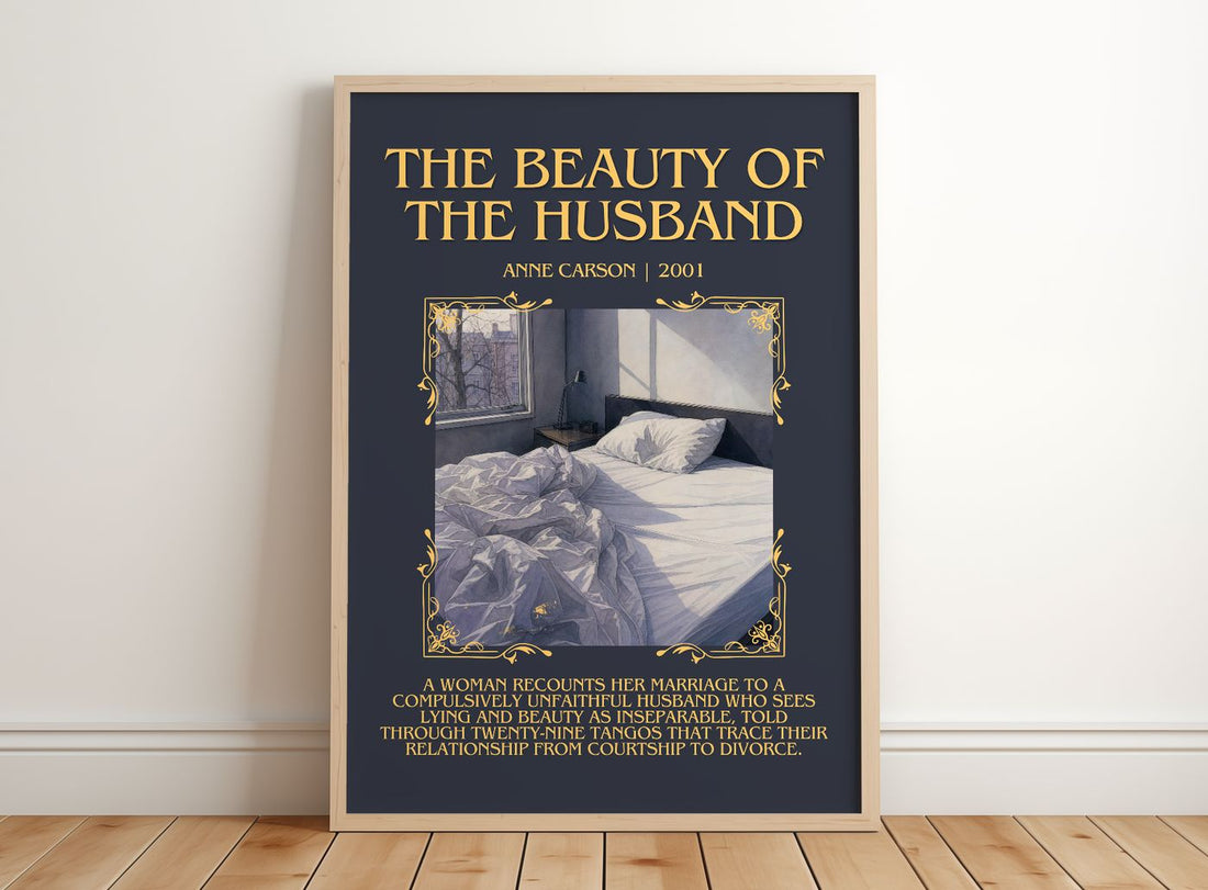 The Beauty Of The Husband Minimalist Book Poster by Anne Carson – framed print leaning on a wooden floor