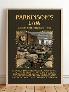 Parkinson's Law Minimalist Book Poster by C. Northcote Parkinson – framed print leaning on a wooden floor