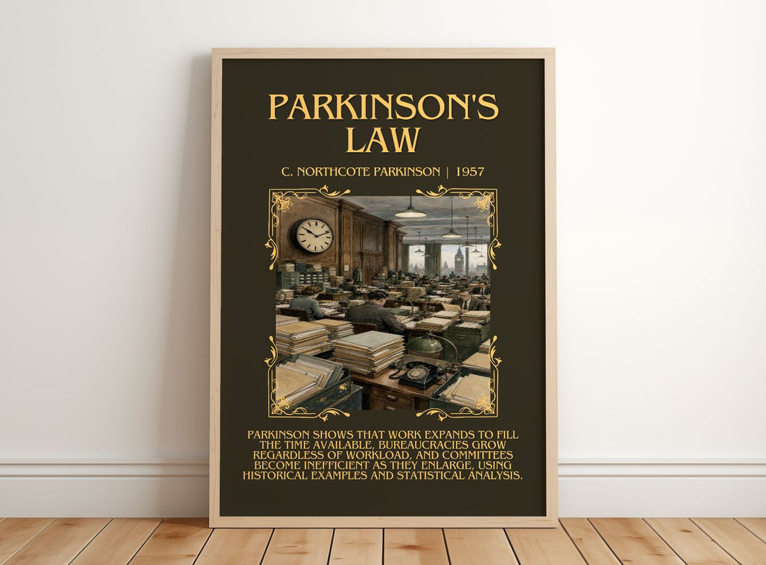 Parkinson's Law Minimalist Book Poster by C. Northcote Parkinson – framed print leaning on a wooden floor