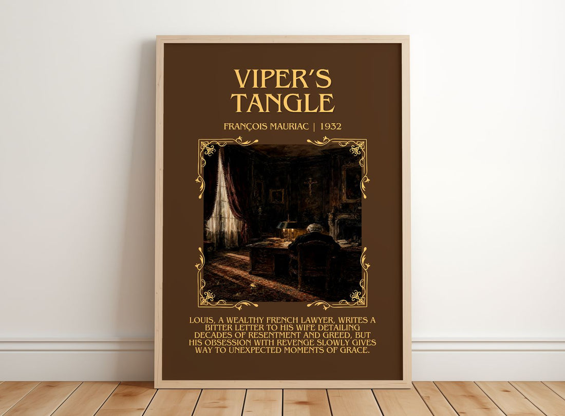 Viper’s Tangle Minimalist Book Poster by François Mauriac – framed print leaning on a wooden floor