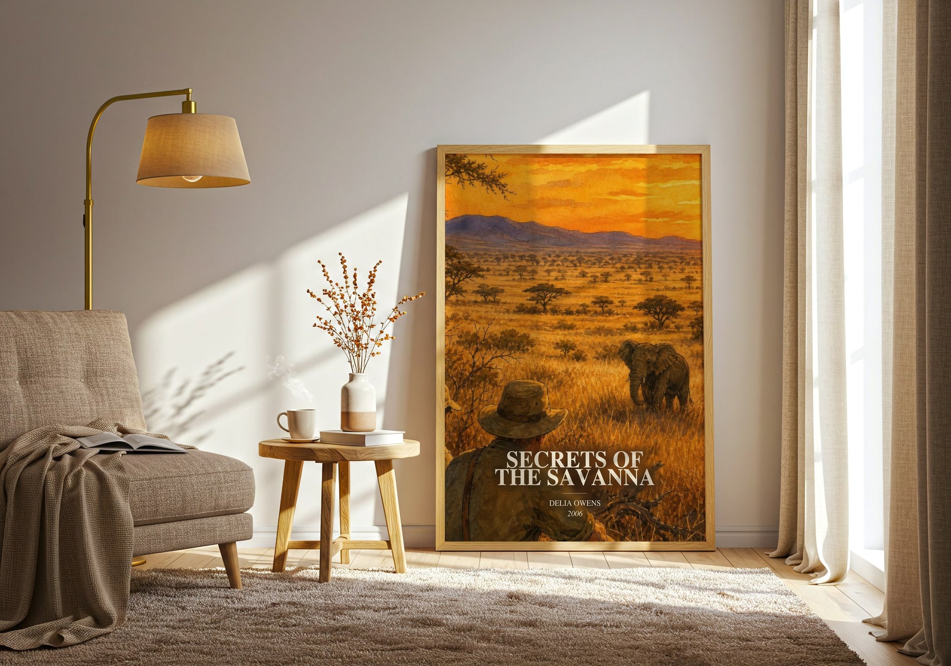 Secrets Of The Savanna watercolour print in frame leaning in hallway – non fiction wall art