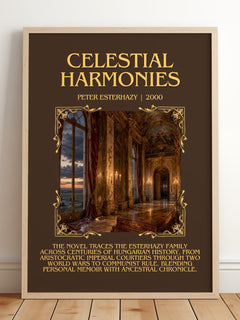 Celestial Harmonies Minimalist Book Poster by Peter Esterhazy – framed print leaning on a wooden floor