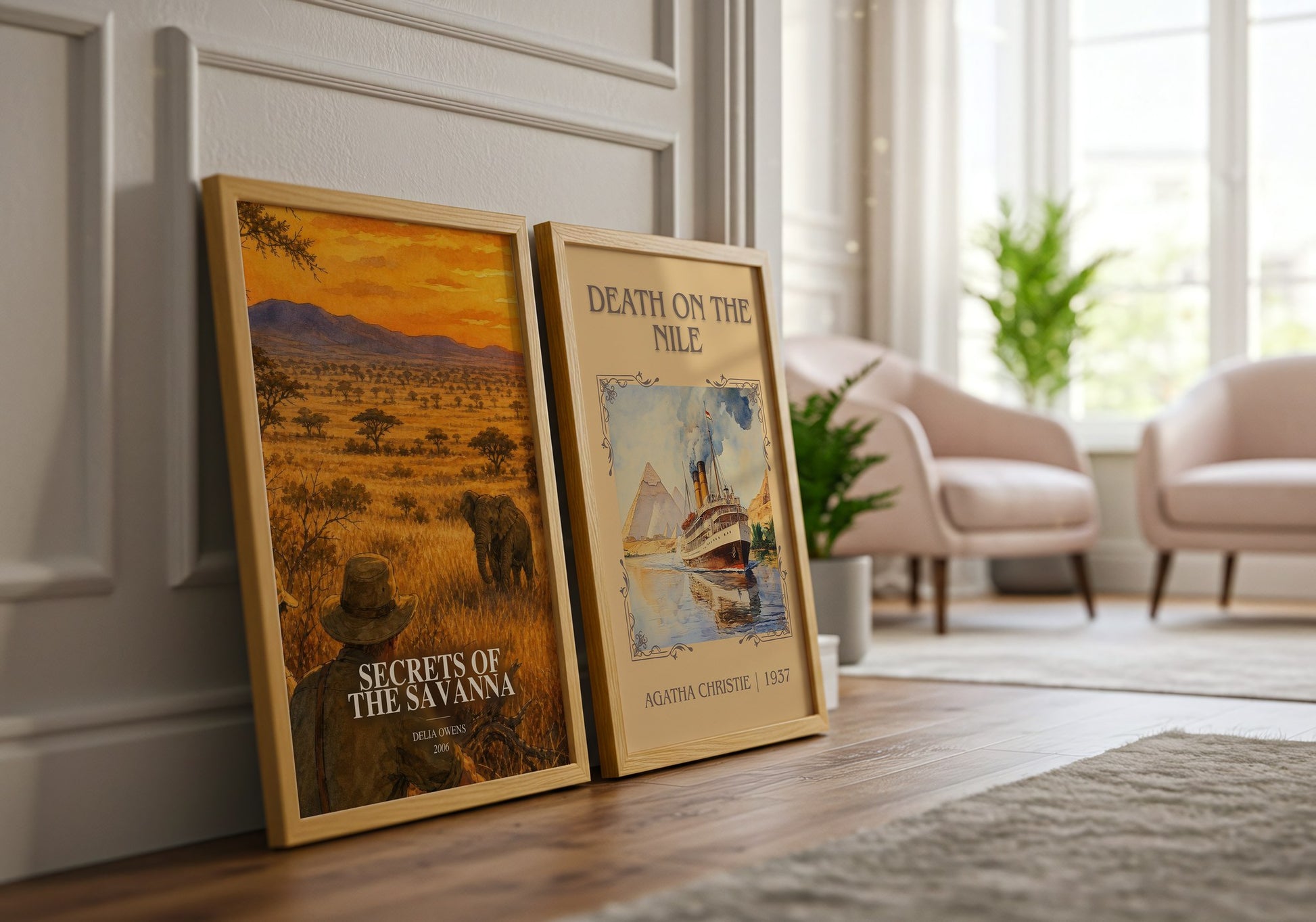 Secrets Of The Savanna watercolour print framed by window – literary home decor