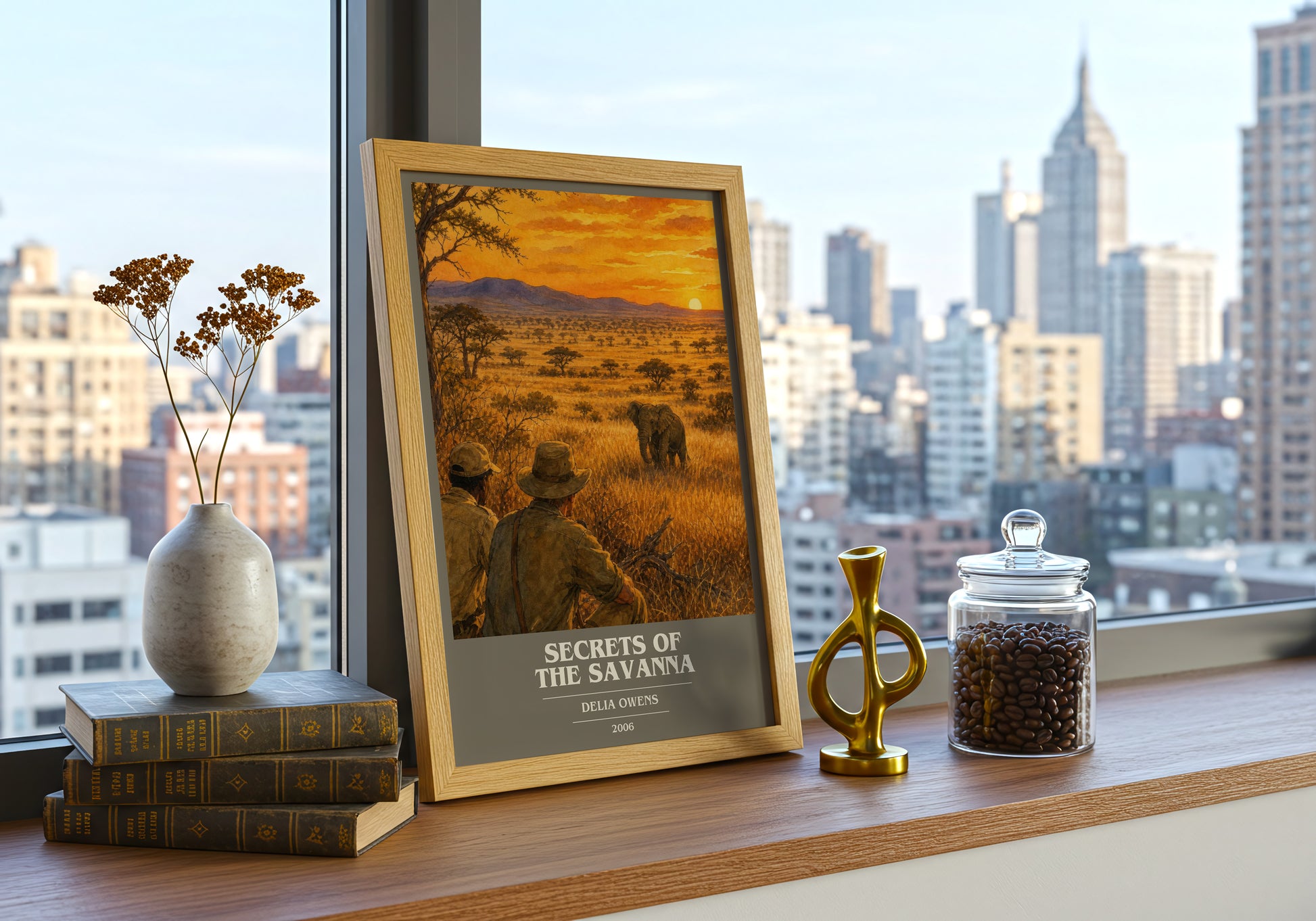 Secrets Of The Savanna book cover print framed by window – literary home decor