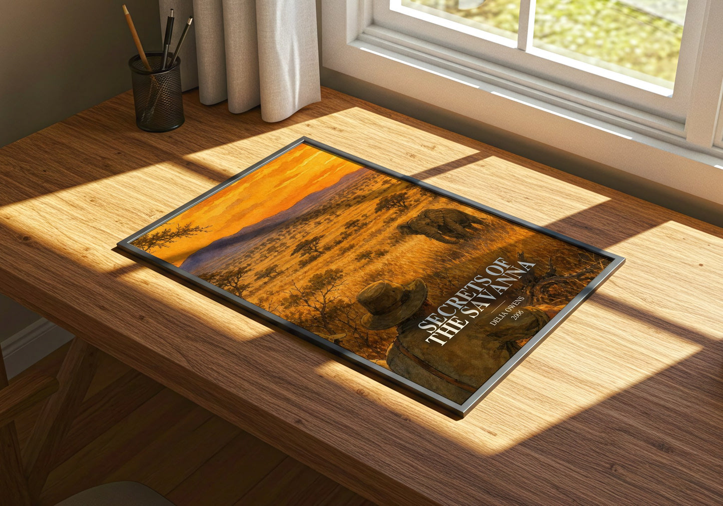 Secrets Of The Savanna watercolour book poster framed on wall – non fiction wall art