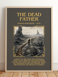 The Dead Father Minimalist Book Poster by Donald Barthelme – framed print leaning on a wooden floor