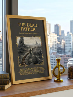 The Dead Father Minimalist Book Poster by Donald Barthelme – framed print on a city-view windowsill