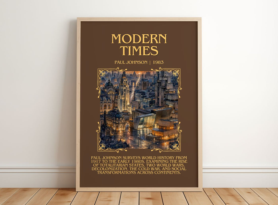 Modern Times Minimalist Book Poster by Paul Johnson – framed print leaning on a wooden floor