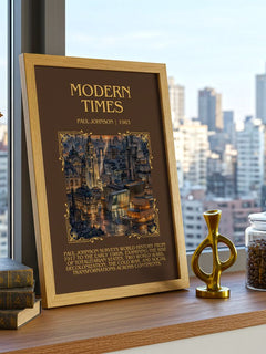 Modern Times Minimalist Book Poster by Paul Johnson – framed print on a city-view windowsill