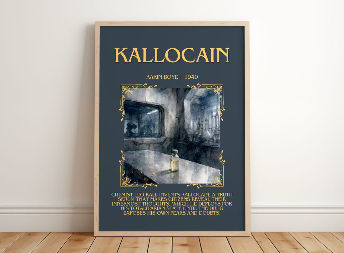 Kallocain Minimalist Book Poster by Karin Boye – framed print leaning on a wooden floor