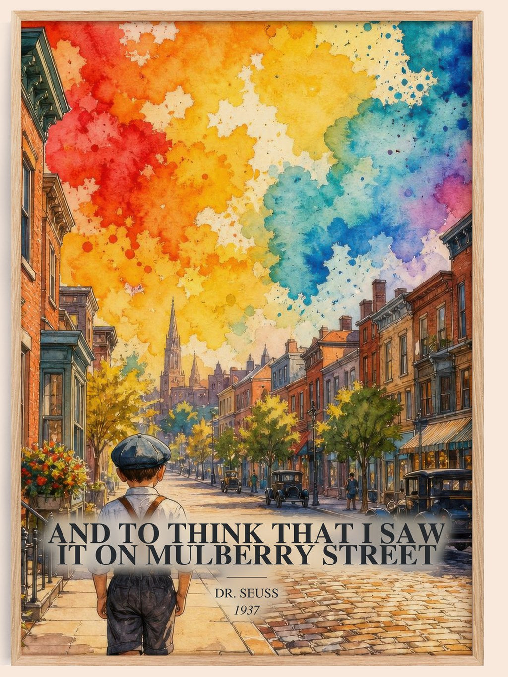 And To Think That I Saw It On Mulberry Street watercolour book poster by Dr. Seuss – framed literary art print