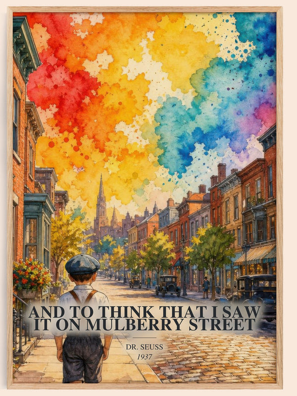 And To Think That I Saw It On Mulberry Street watercolour book poster by Dr. Seuss – framed literary art print