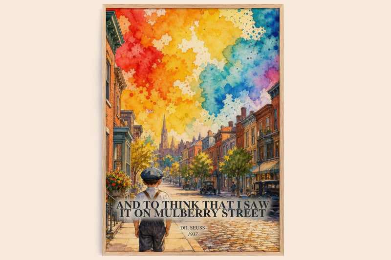 And To Think That I Saw It On Mulberry Street watercolour book poster by Dr. Seuss – framed literary art print