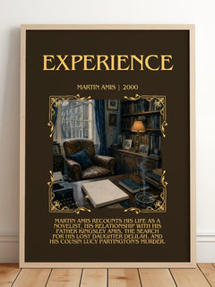 Experience Minimalist Book Poster by Martin Amis – framed print leaning on a wooden floor