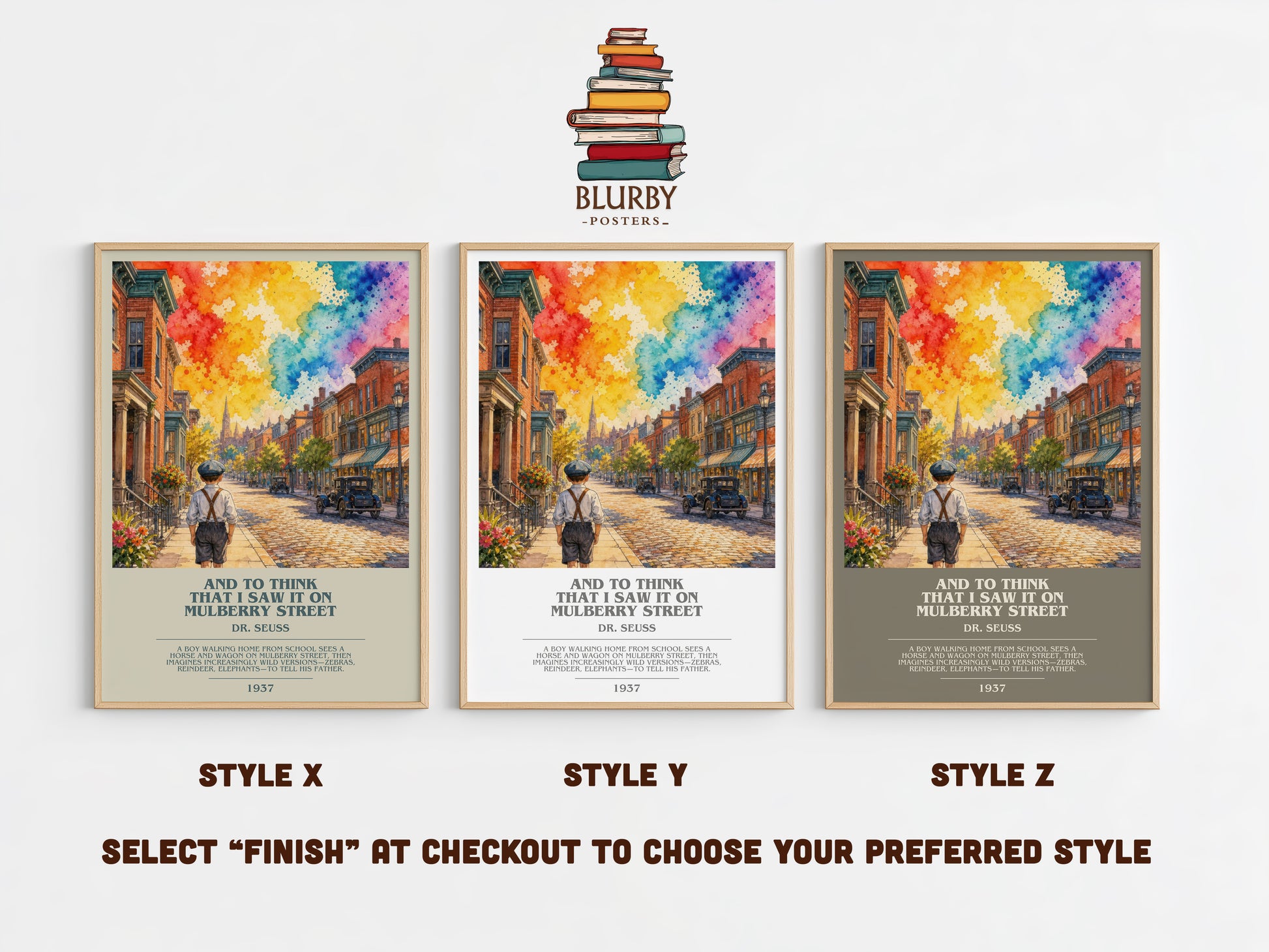 And To Think That I Saw It On Mulberry Street bookish print in frame leaning in hallway – literary wall art
