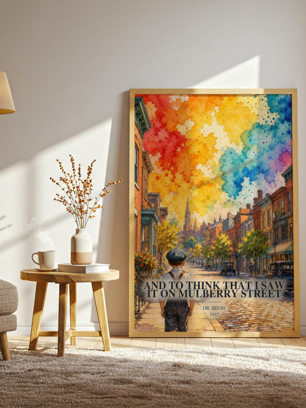 And To Think That I Saw It On Mulberry Street watercolour print in frame leaning in hallway – literary wall art