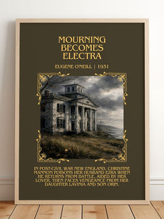 Mourning Becomes Electra Minimalist Book Poster by Eugene O'Neill – framed print leaning on a wooden floor