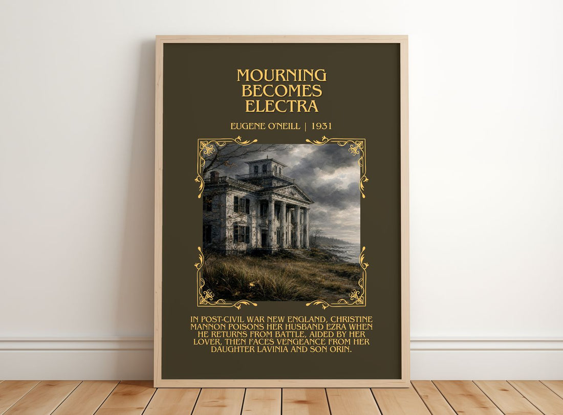 Mourning Becomes Electra Minimalist Book Poster by Eugene O'Neill – framed print leaning on a wooden floor