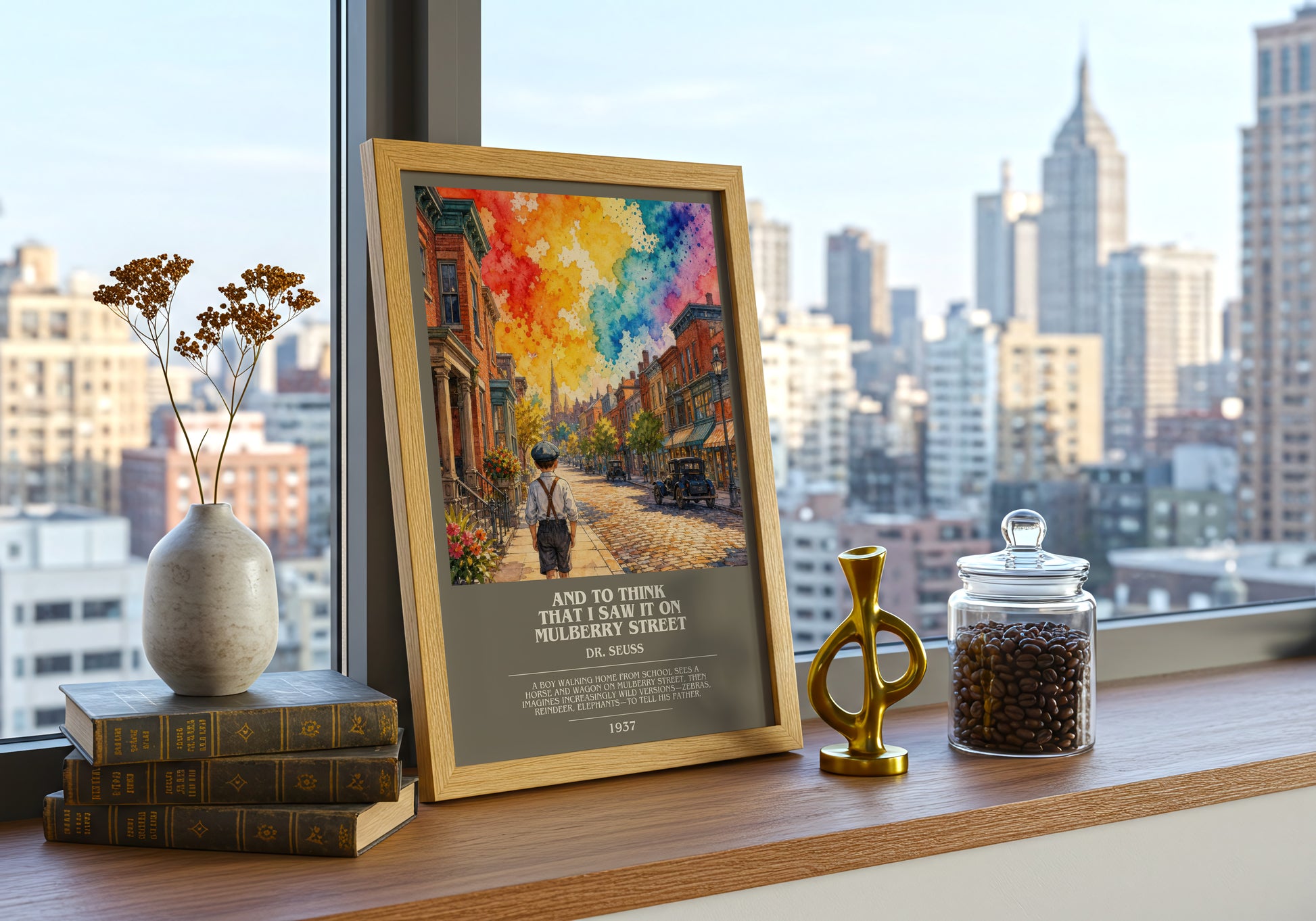 And To Think That I Saw It On Mulberry Street bookish print framed by window – literary home decor