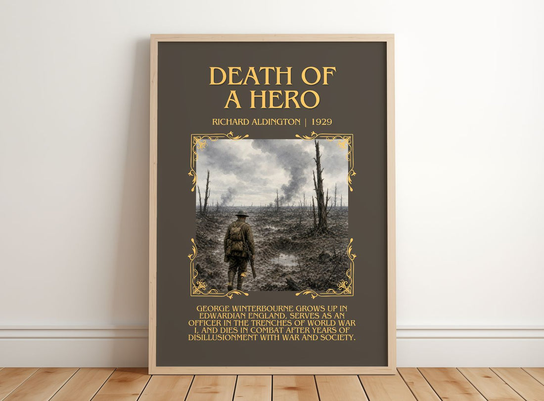Death Of A Hero Minimalist Book Poster by Richard Aldington – framed print leaning on a wooden floor