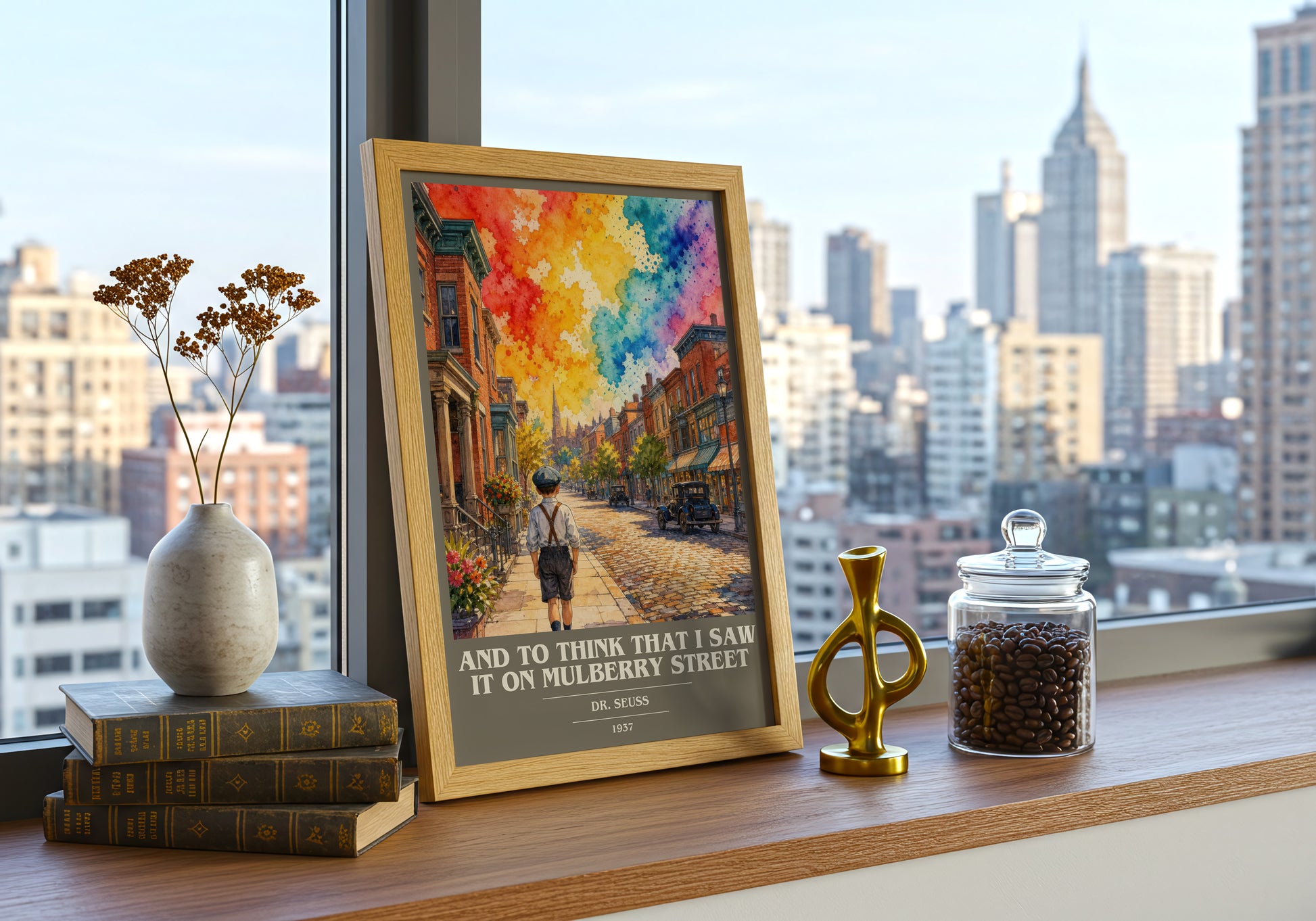 And To Think That I Saw It On Mulberry Street book cover print framed by window – literary home decor