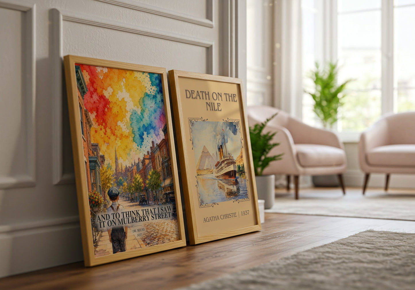 And To Think That I Saw It On Mulberry Street watercolour print framed by window – literary home decor
