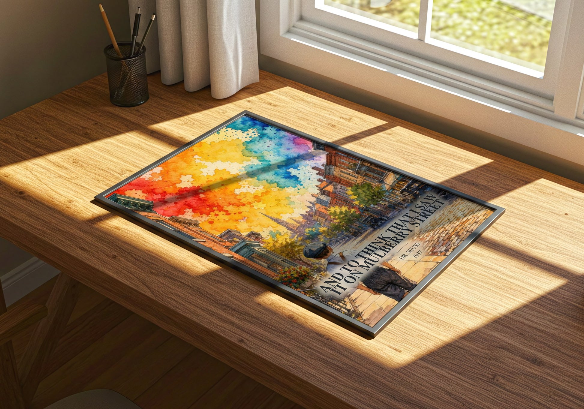 And To Think That I Saw It On Mulberry Street watercolour book poster framed on wall – literary wall art