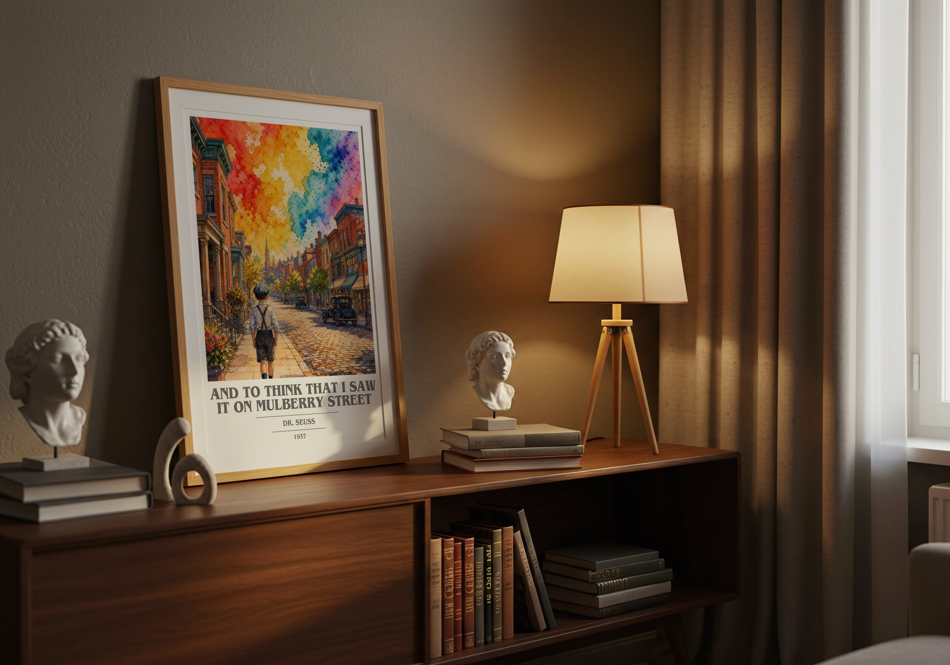 And To Think That I Saw It On Mulberry Street book cover book poster framed on wall – literary wall art