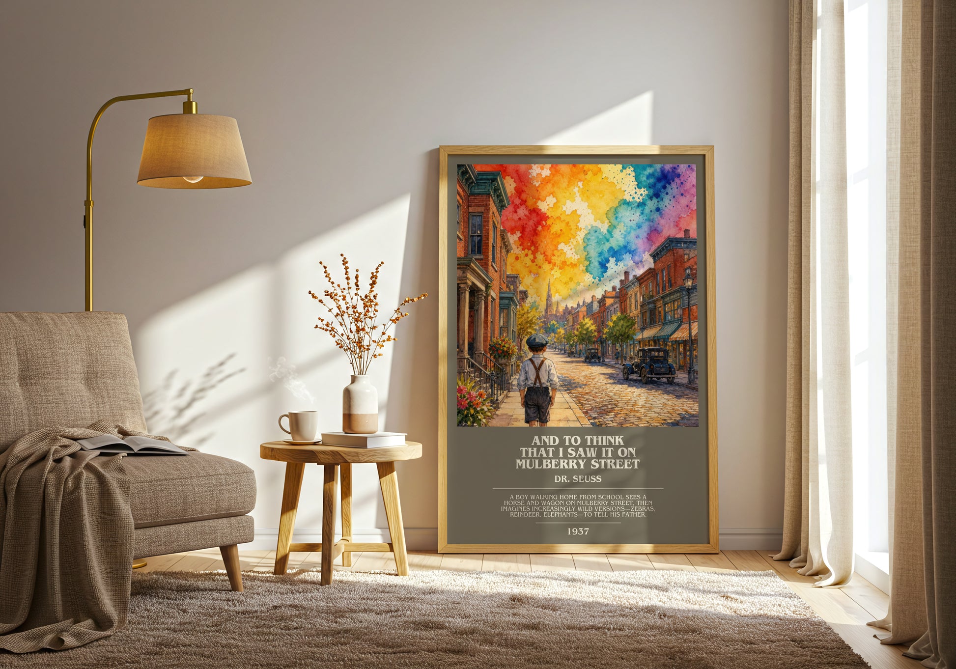 And To Think That I Saw It On Mulberry Street bookish print on bookshelf – Dr. Seuss fan gift